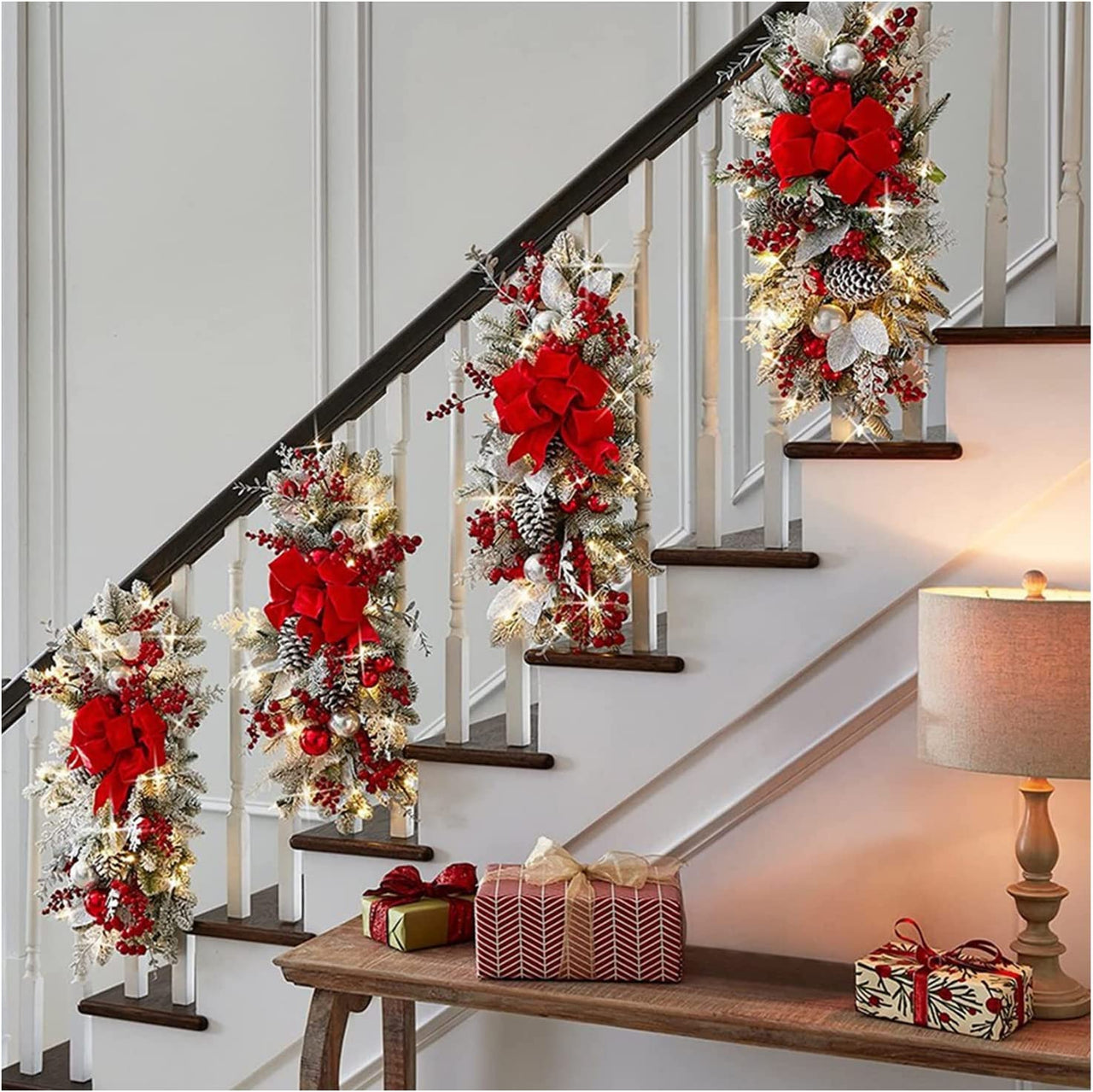 1 PC of Wreath Stairs Ornaments, Wreath Front Door Stairs Ornaments Cordless Decorations and Pendants for All Seasons