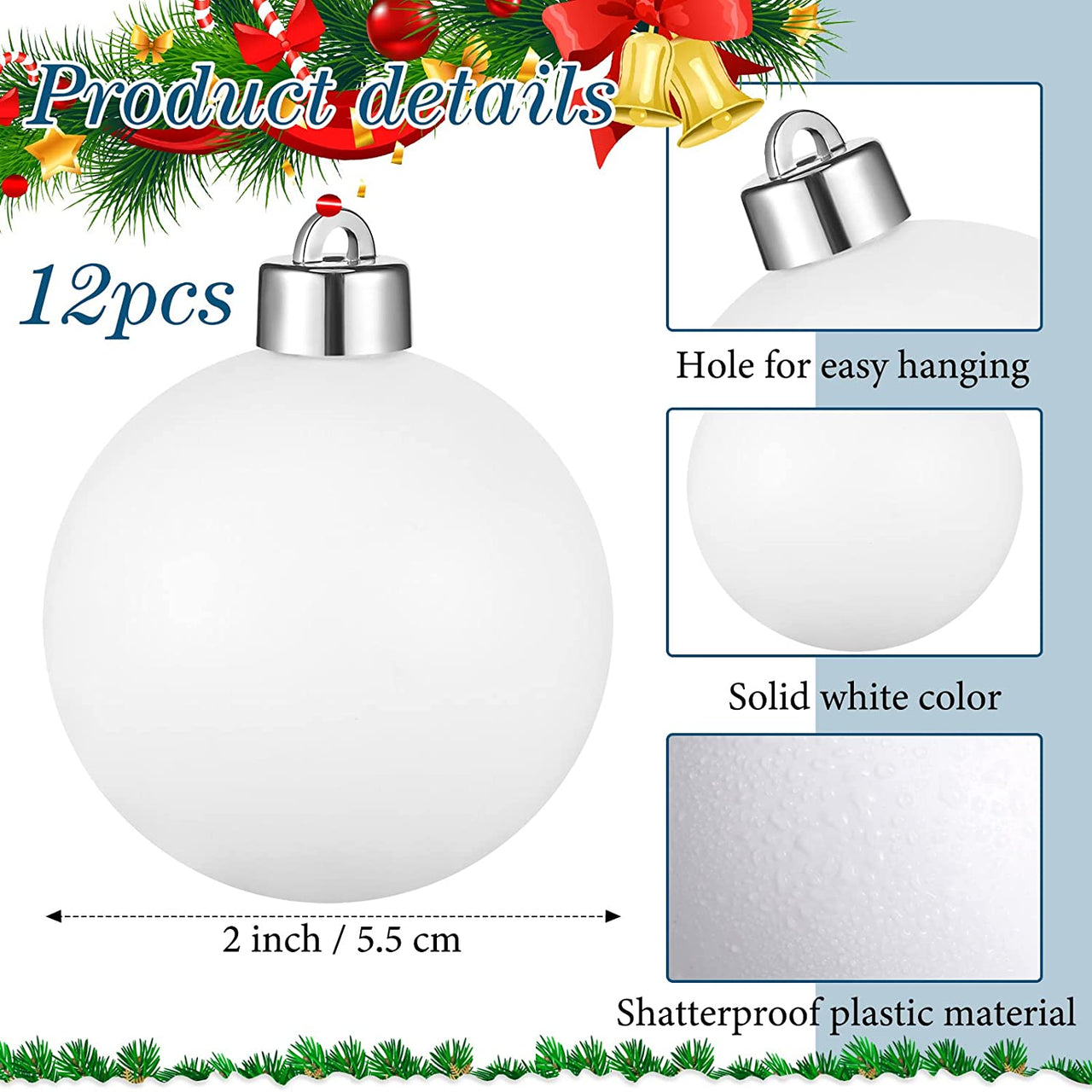 12 Pieces 2 Inch Christmas Ball Ornaments Set, Christmas Tree Hanging Ornaments, Plastic Christmas Baubles Balls Ornaments with Box for Xmas Tree Pendants, DIY Crafts, Wreath Decorations, Solid White
