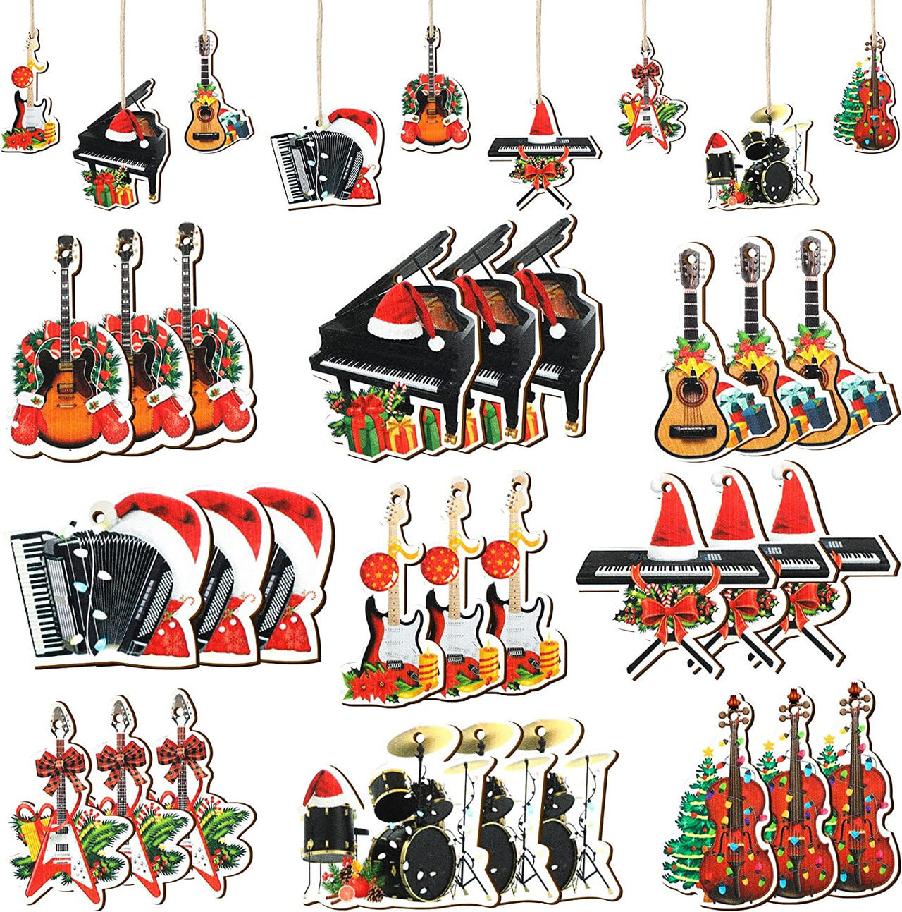 36 Pieces Christmas Music Instrument Ornaments Wood String Guitar Ornament Piano Ornament Black Drum Christmas Tree Hanging Ornament Decorations with Ropes for Christmas Party Home