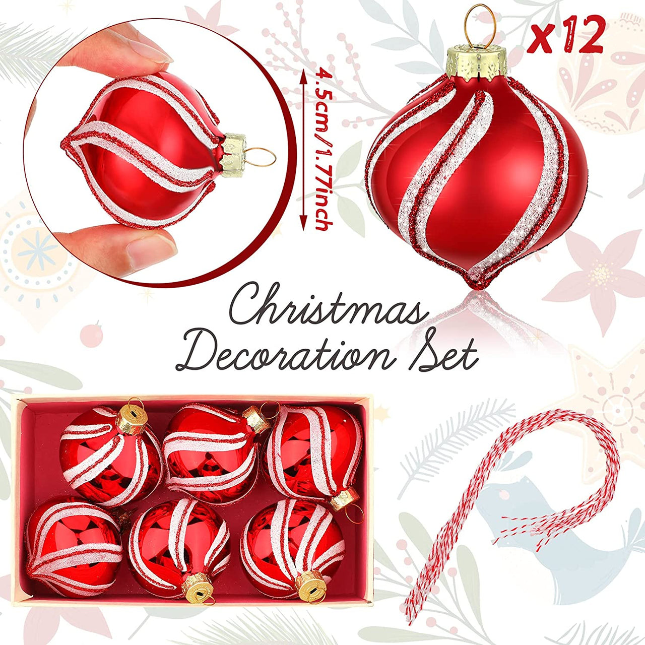12 Pcs Peppermint Candy Ornament Set Christmas Candy Cane Balls Ornaments Christmas Candy Cane Decorations White Red Christmas Balls Mini Glass Ornaments for Indoor Outdoor Tree Decor