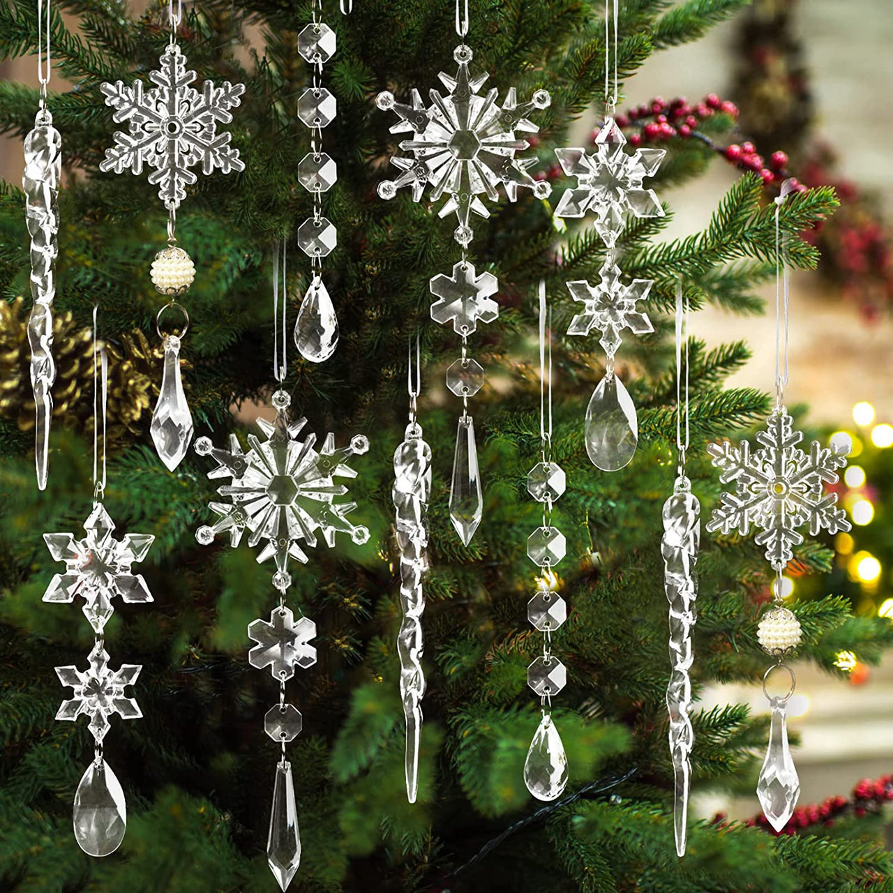 18pcs Crystal Christmas Ornaments for Christmas Tree Decorations-Hanging Acrylic Snowflake and Icicle Ornaments with Drop Pendants for Christmas Tree New Year Party Decorations Supplies