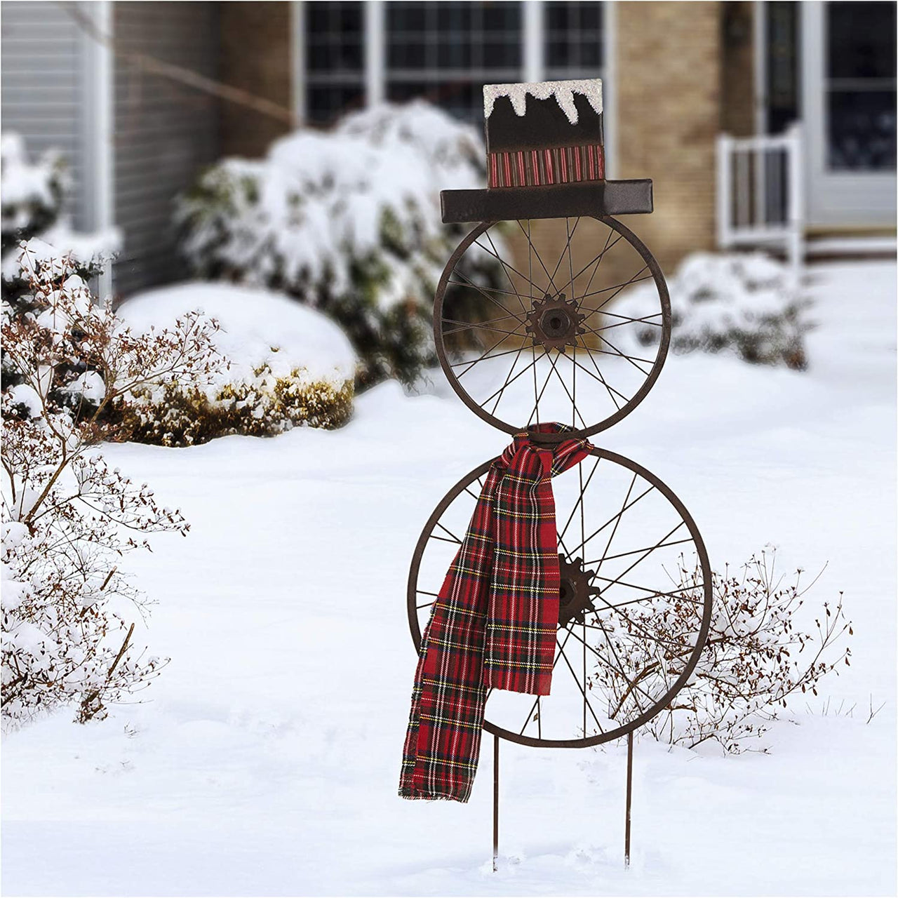 36.5" H Metal Bike Wheel Snowman Yard Stake with Plaid Scarf, Christmas Wall Decor Display for Lawn Outdoor Holiday Decoration