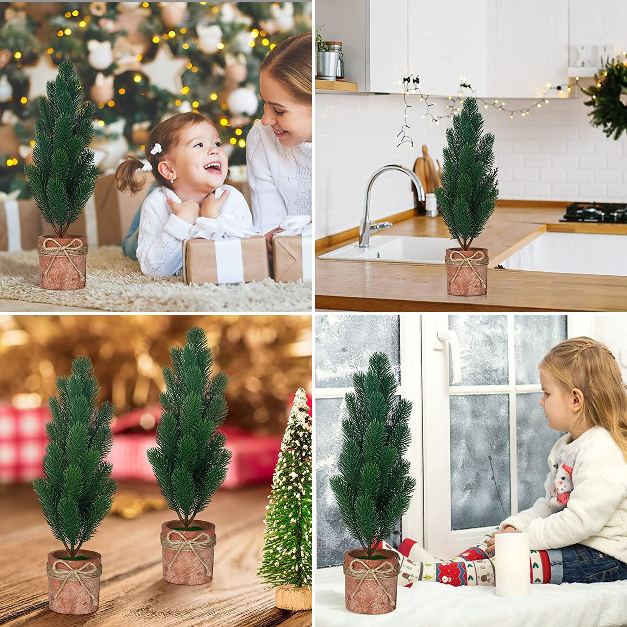 2 Pcs Tabletop Mini Christmas Tree, 15.7 Inch Artificial Christmas Tree Miniature Pine Tree Decor Small Christmas Tree with Base and Burlap Rope Fake Cone Tree for Table Desk Home Indoor Xmas Decor