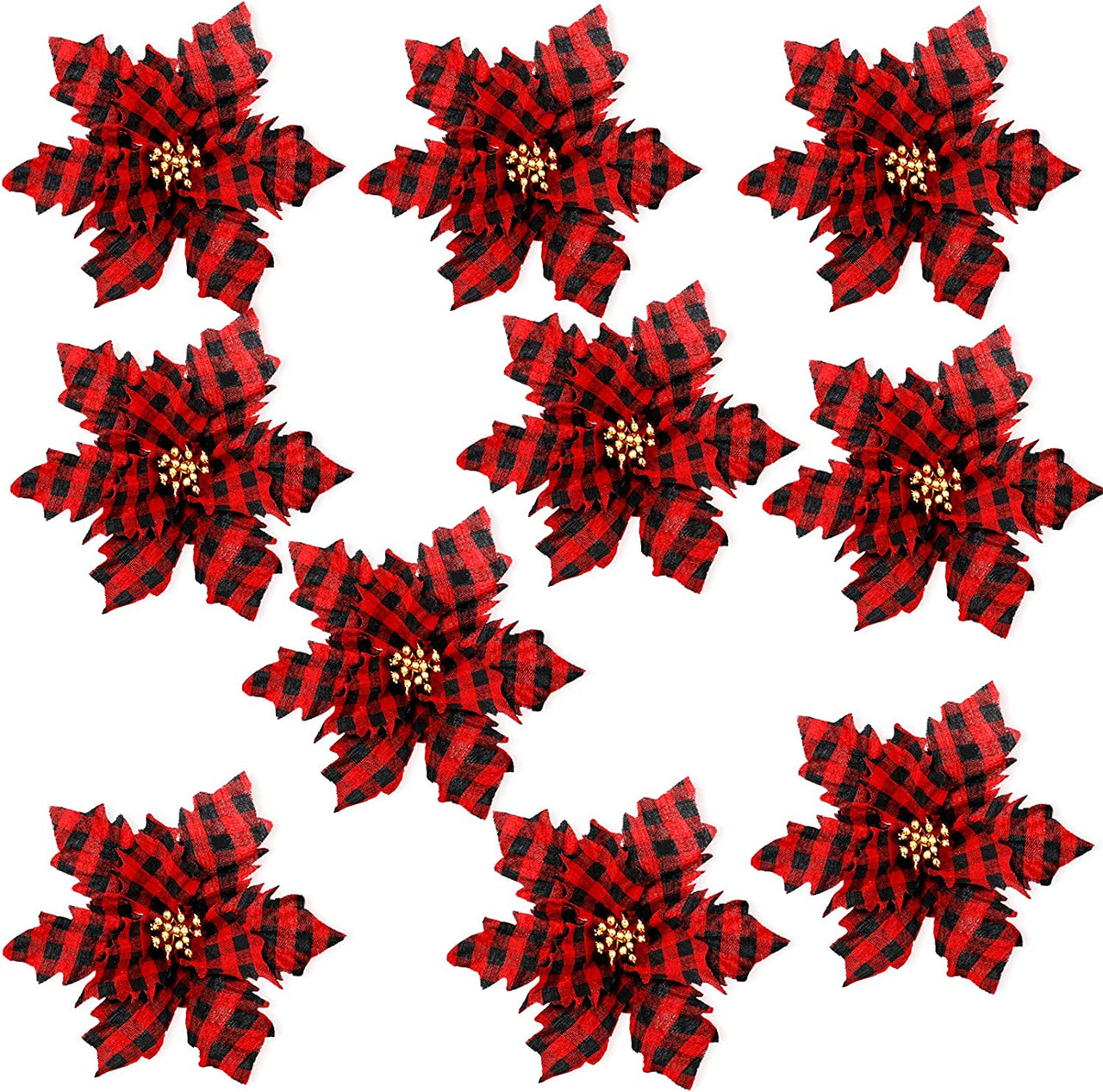 10 Pieces Buffalo Plaid Poinsettias Artificial Christmas Flowers Christmas Tree Ornaments for Christmas Tree Wreaths Wedding Garland Holiday Decorations, 5.9 Inch (Red and Black)