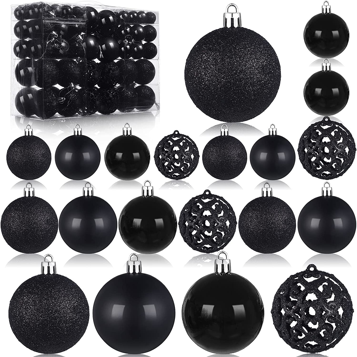 100 Pcs Black Christmas Ball Ornaments Christmas Tree Decoration Hanging Balls Glitter Christmas Ornaments for Christmas Tree Wedding Party Holiday Decor, Black, 2.36 Inch 1.57 Inch 1.18 Inch