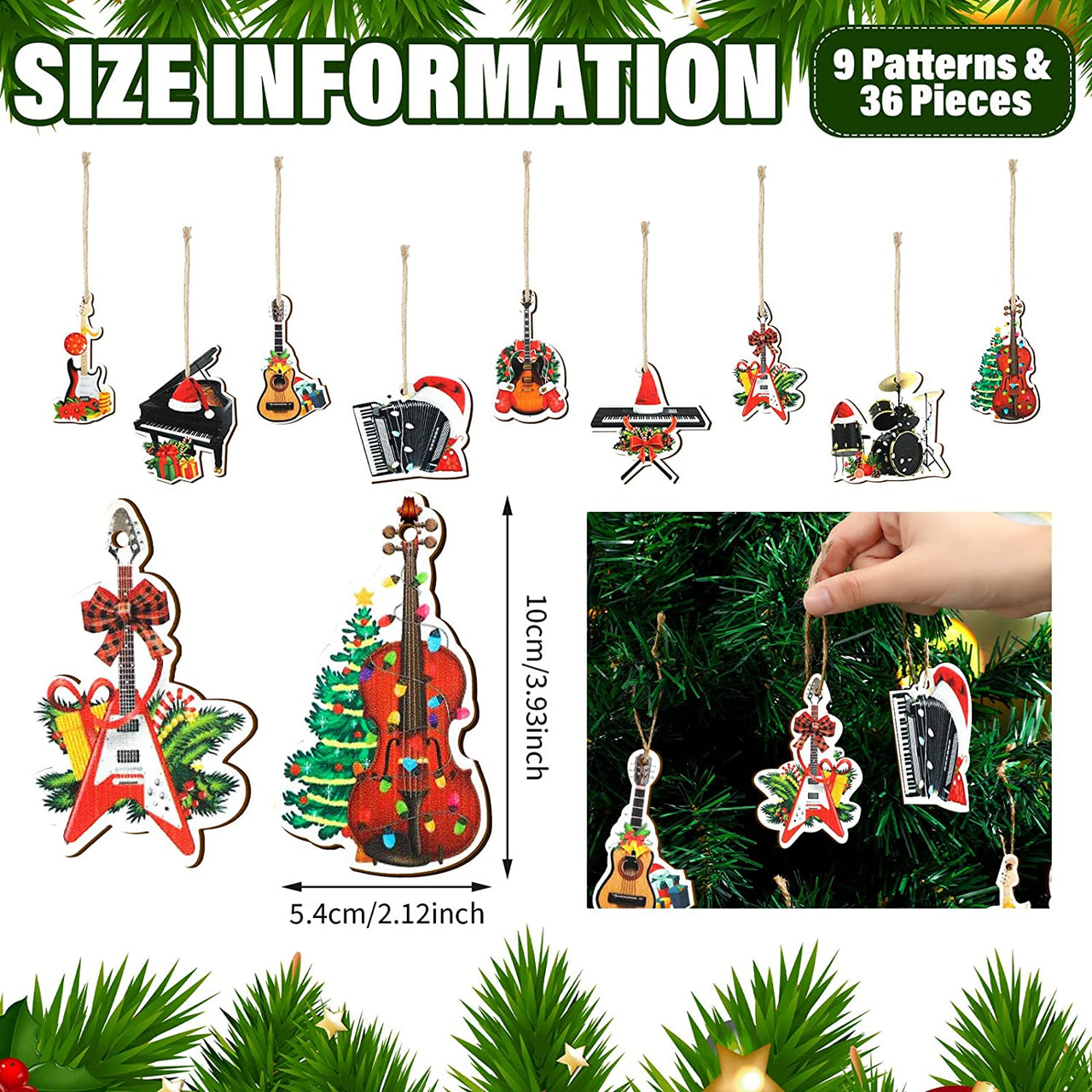 36 Pieces Christmas Music Instrument Ornaments Wood String Guitar Ornament Piano Ornament Black Drum Christmas Tree Hanging Ornament Decorations with Ropes for Christmas Party Home