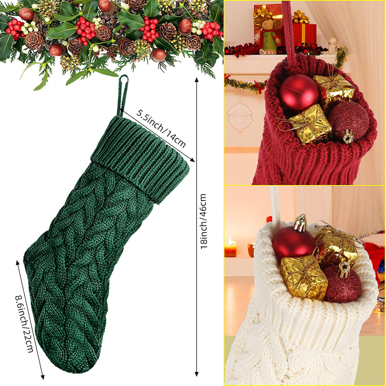 16 Pack Christmas Stockings Bulk 18 Inches Large Rustic Cable Knitted Christmas Stocking Fireplace Hanging Stockings Gifts for Family Holiday Xmas Party Decorations, Beige, Green, Gray, Burgundy