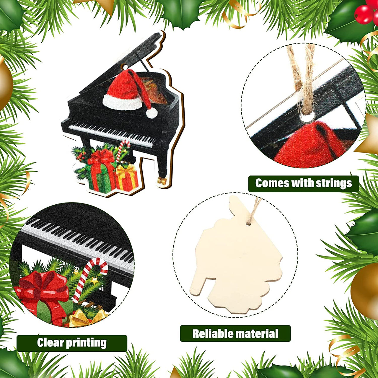 36 Pieces Christmas Music Instrument Ornaments Wood String Guitar Ornament Piano Ornament Black Drum Christmas Tree Hanging Ornament Decorations with Ropes for Christmas Party Home