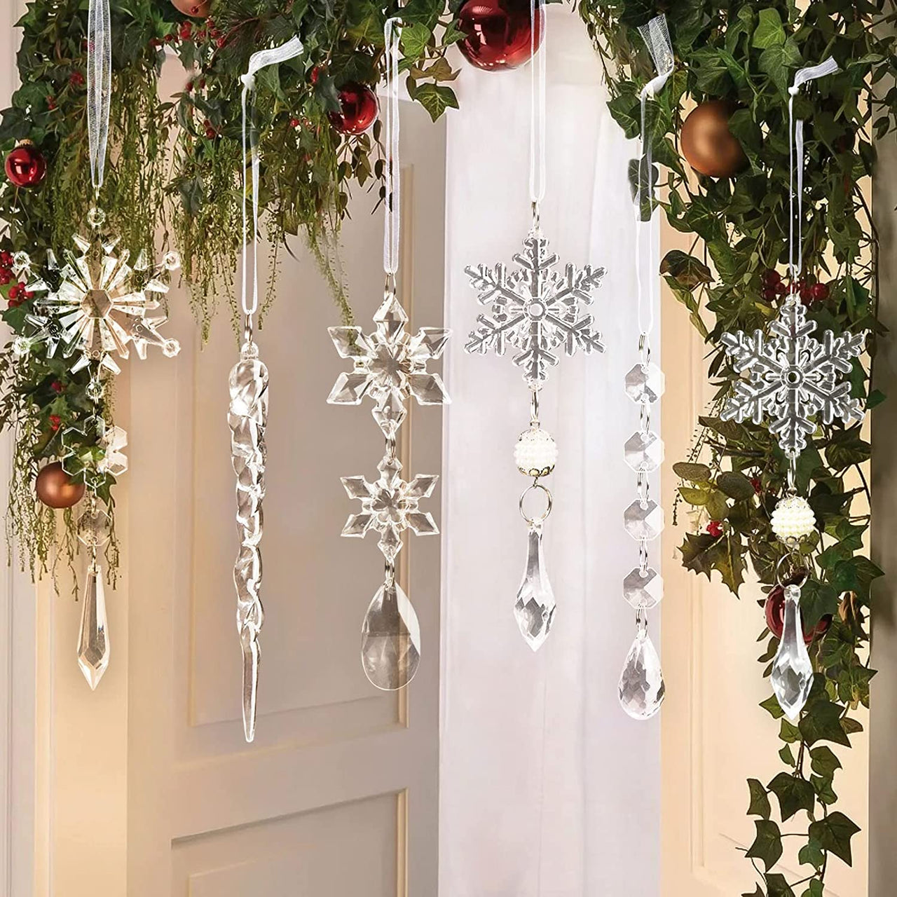 18pcs Crystal Christmas Ornaments for Christmas Tree Decorations-Hanging Acrylic Snowflake and Icicle Ornaments with Drop Pendants for Christmas Tree New Year Party Decorations Supplies