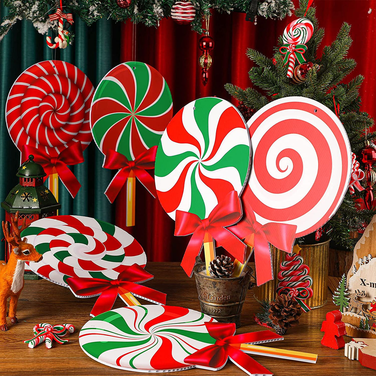 12 Pieces Christmas Yard Signs 16 Inch Outdoor Double Sided Lawn Candy Decorations Christmas Candy Hanging Ornaments Outside Holiday Party Porch and Tree Yard Lawn Home Office Decor