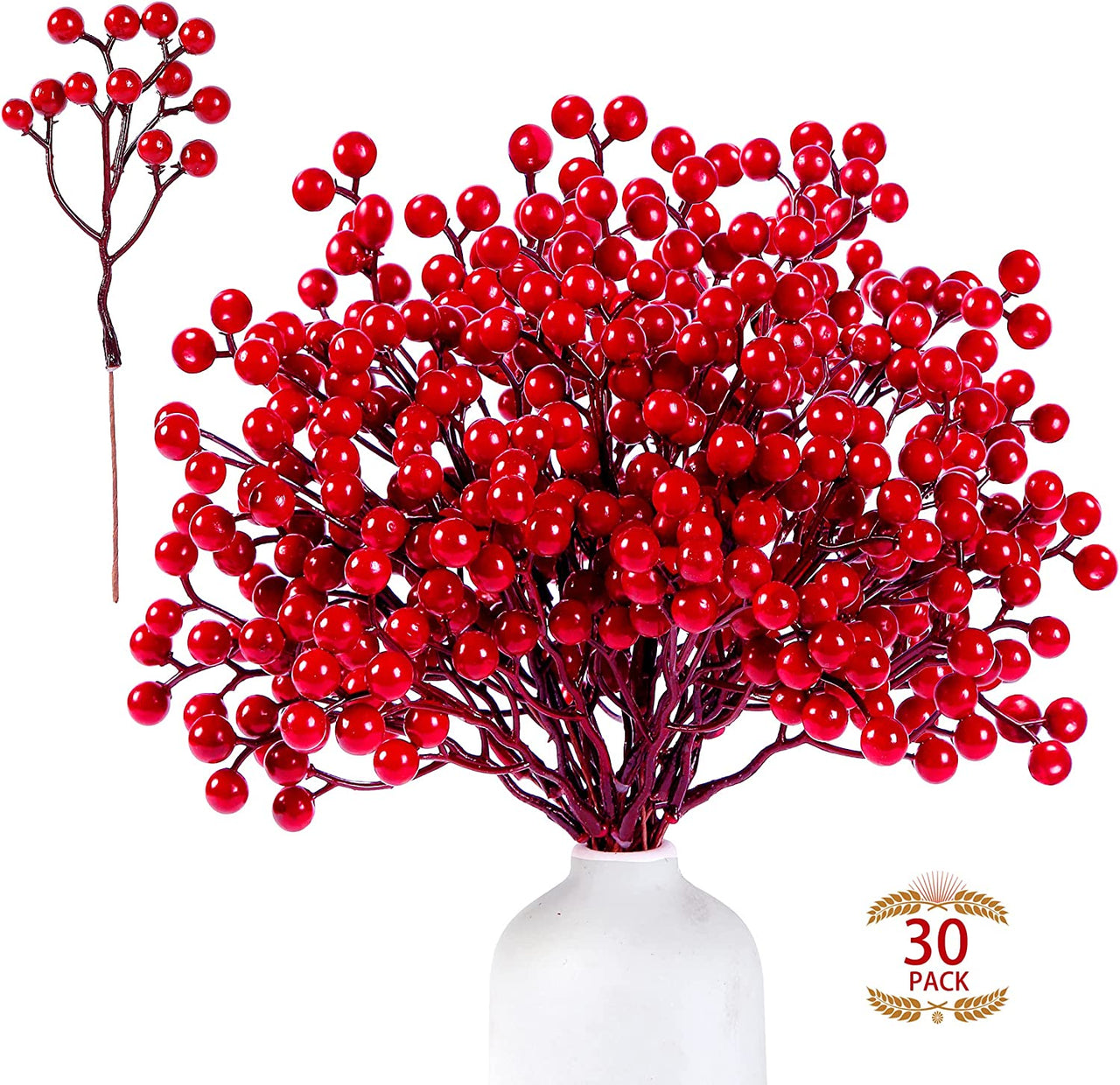 30 Pack Artificial Red Berry Stems 7.8inch Christmas Red Berry Picks Holly Berry Branches for Christmas Tree Decorations DIY Crafts Xmas Ornaments Wedding Holiday Home Decor