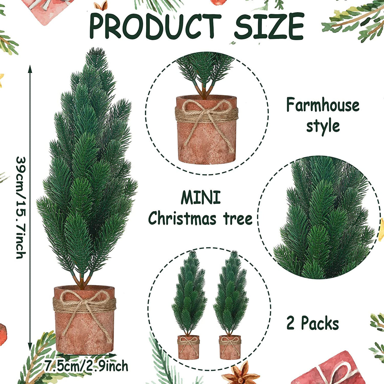 2 Pcs Tabletop Mini Christmas Tree, 15.7 Inch Artificial Christmas Tree Miniature Pine Tree Decor Small Christmas Tree with Base and Burlap Rope Fake Cone Tree for Table Desk Home Indoor Xmas Decor