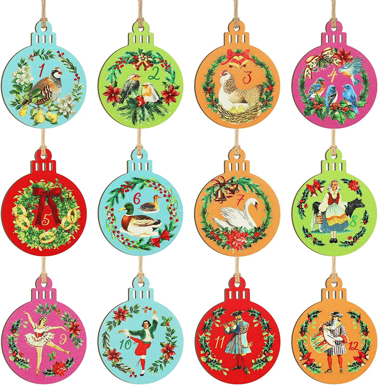 12 Pieces 12 Days of Christmas Ornaments Wooden Christmas Ornament Hanging Christmas Tree Decorations 3.15 Inches Rustic Vintage Cute Xmas Ornaments for Party Supplies Wall Decor Indoor Outdoor