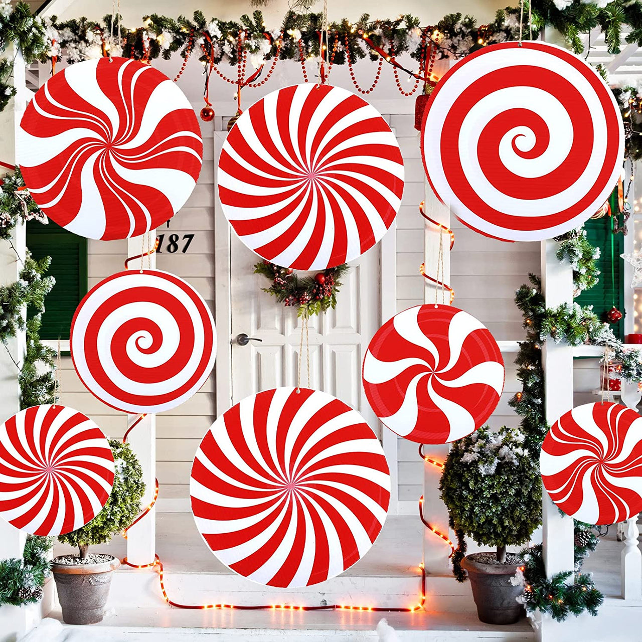 16 Pcs Outdoor Holiday and Christmas Hanging Porch and Tree Yard Lawn Decoration Christmas Large Candy Yard Decorations Outdoor Lawn Decoration Candy Hanging Ornaments for Holiday Decor