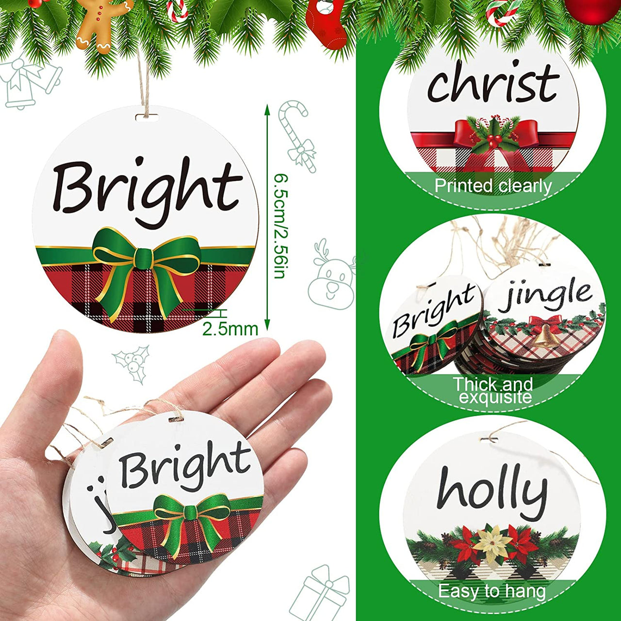 36 Pieces Christmas Wishes Tree Ornament Buffalo Plaid Printed Wooden Hanging Christmas Ornament with Rope Round Farmhouse Christmas Decor Rustic Wood Craft Gift