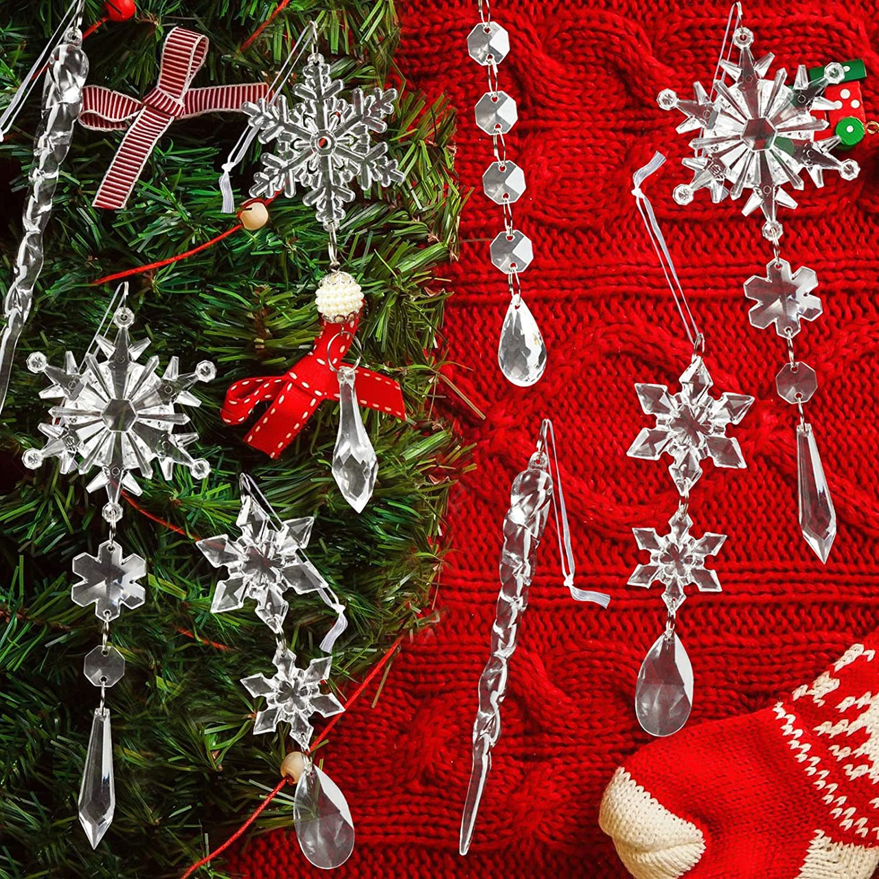 18pcs Crystal Christmas Ornaments for Christmas Tree Decorations-Hanging Acrylic Snowflake and Icicle Ornaments with Drop Pendants for Christmas Tree New Year Party Decorations Supplies