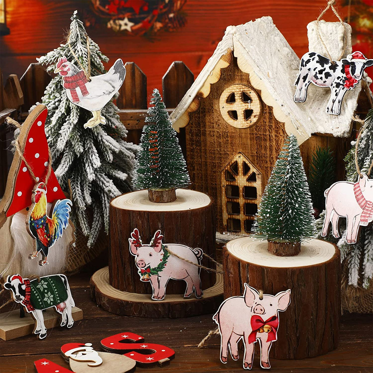 15 Pcs Christmas Ornaments Farm Animal Christmas Ornaments Wooden Farmhouse Theme Pig Cow Rooster Chicken Christmas Hanging Decorations for Christmas Tree Fireplace Home, 15 Styles