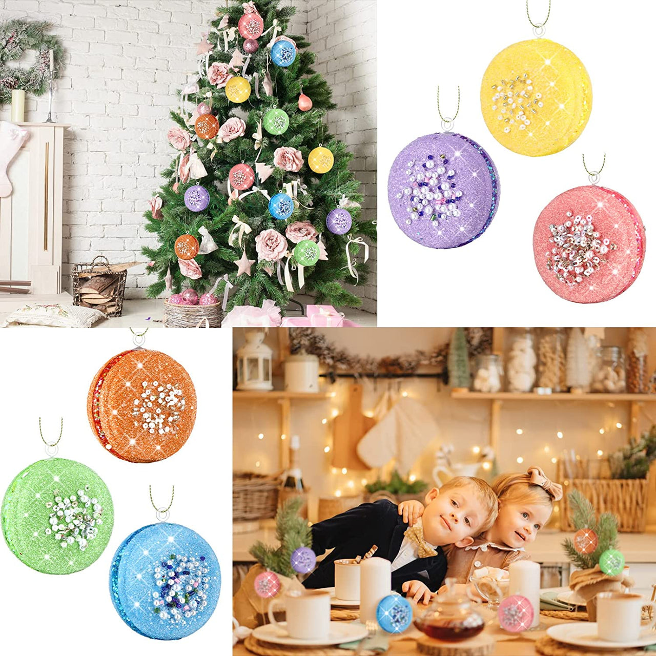 12 Pcs Christmas Tree Ornament Set 3D Glittered Macaron Ornament Colorful Candy Christmas Ornaments Pastel Macaron Decorative Hanging Ornaments with Ropes for Christmas Holiday Candy Party Decorations