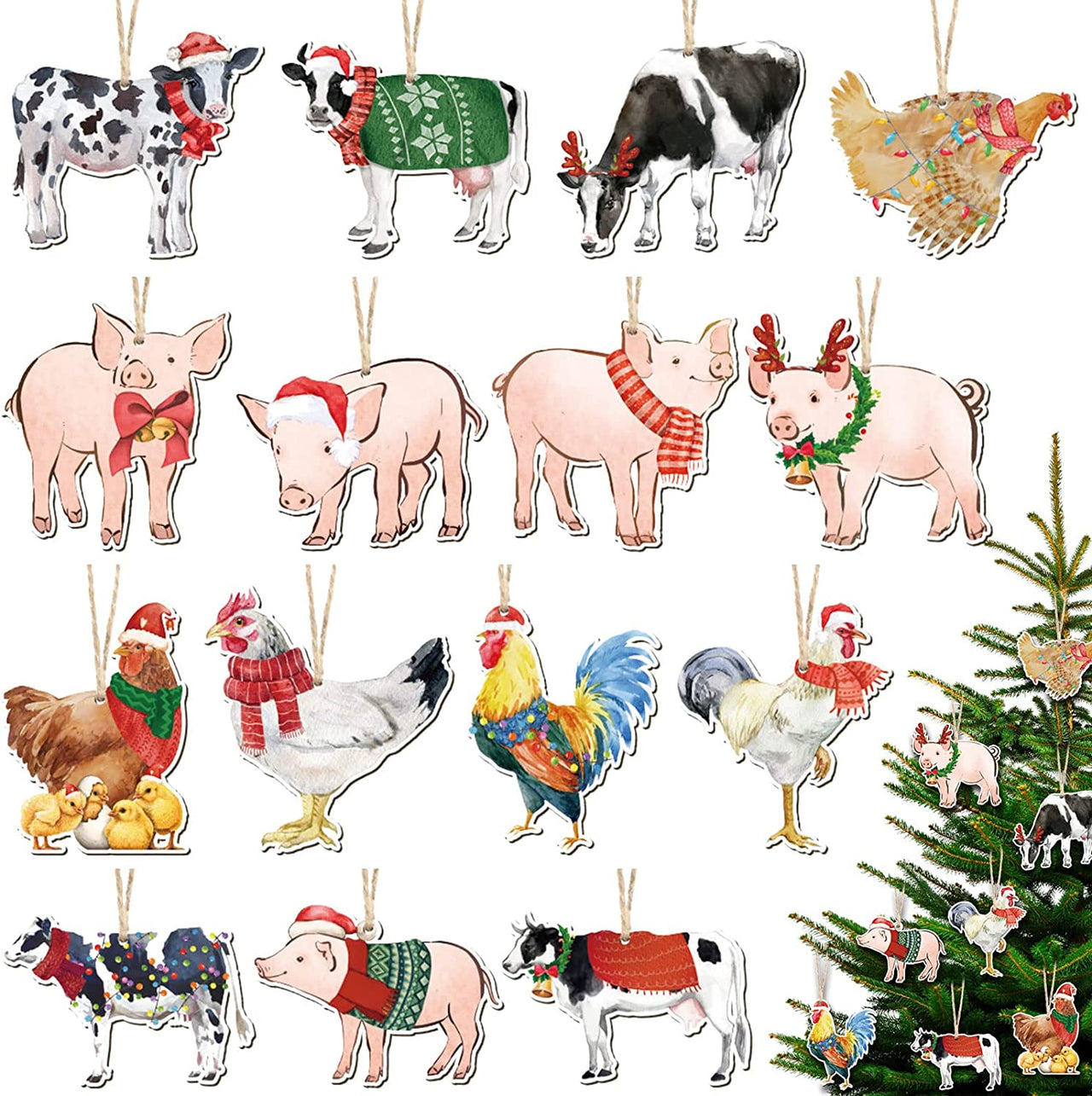 15 Pcs Christmas Ornaments Farm Animal Christmas Ornaments Wooden Farmhouse Theme Pig Cow Rooster Chicken Christmas Hanging Decorations for Christmas Tree Fireplace Home, 15 Styles