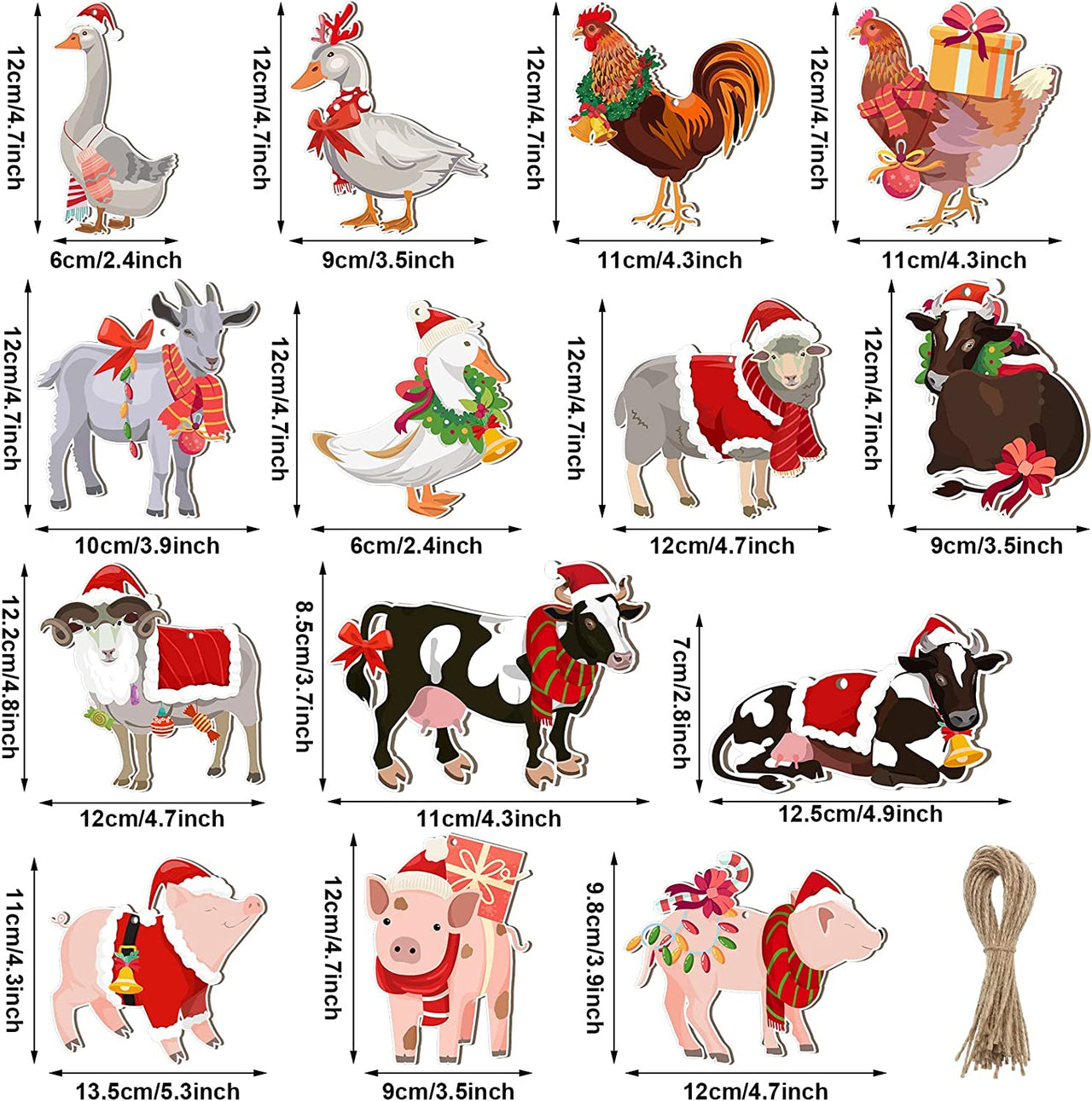 14 Pieces Christmas Farm Animals Ornament 4.7 Inch Wood Pig Chicken Sheep Duck Christmas Ornaments Country Farmhouse Holiday Decor for Christmas Tree Decoration Crafts