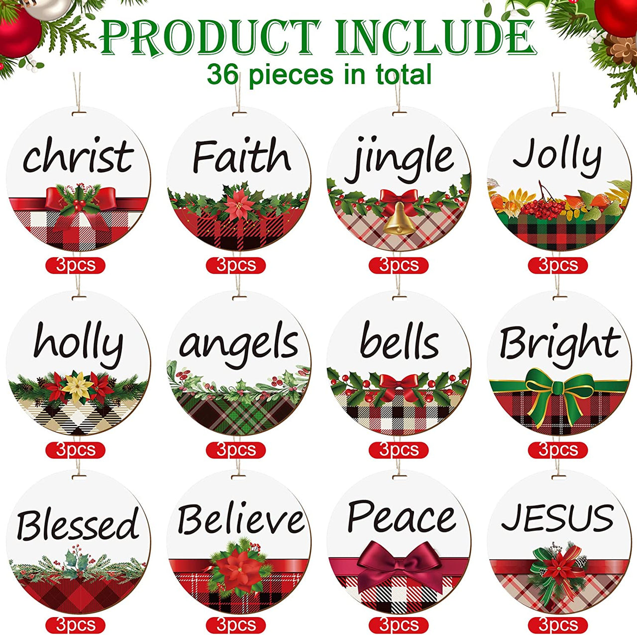 36 Pieces Christmas Wishes Tree Ornament Buffalo Plaid Printed Wooden Hanging Christmas Ornament with Rope Round Farmhouse Christmas Decor Rustic Wood Craft Gift