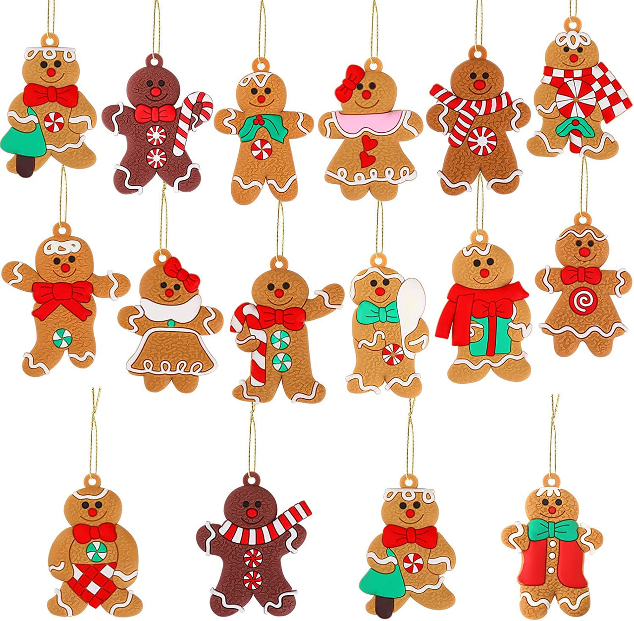 16pcs Gingerbread Man Ornaments Assorted Plastic Gingerbread Figurines Pendants for Christmas Tree Hanging Decorations Holiday Ornament Xmas Decor Party Favors Supplies