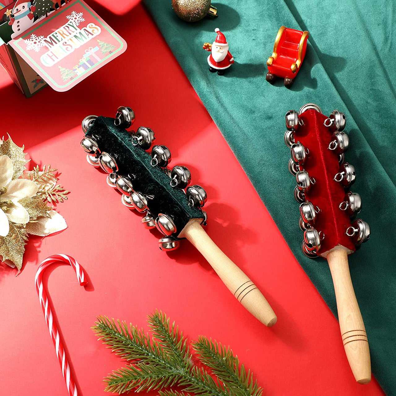 2 Pcs Christmas Hand Jingle Bells Wooden Handhold Sleigh Bells Jingle Bells Shaker Rattle Musical Percussion Instrument for Christmas Party Favors Birthday Gifts Gatherings Kids Children Musical Toys