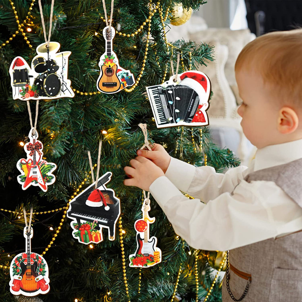 36 Pieces Christmas Music Instrument Ornaments Wood String Guitar Ornament Piano Ornament Black Drum Christmas Tree Hanging Ornament Decorations with Ropes for Christmas Party Home