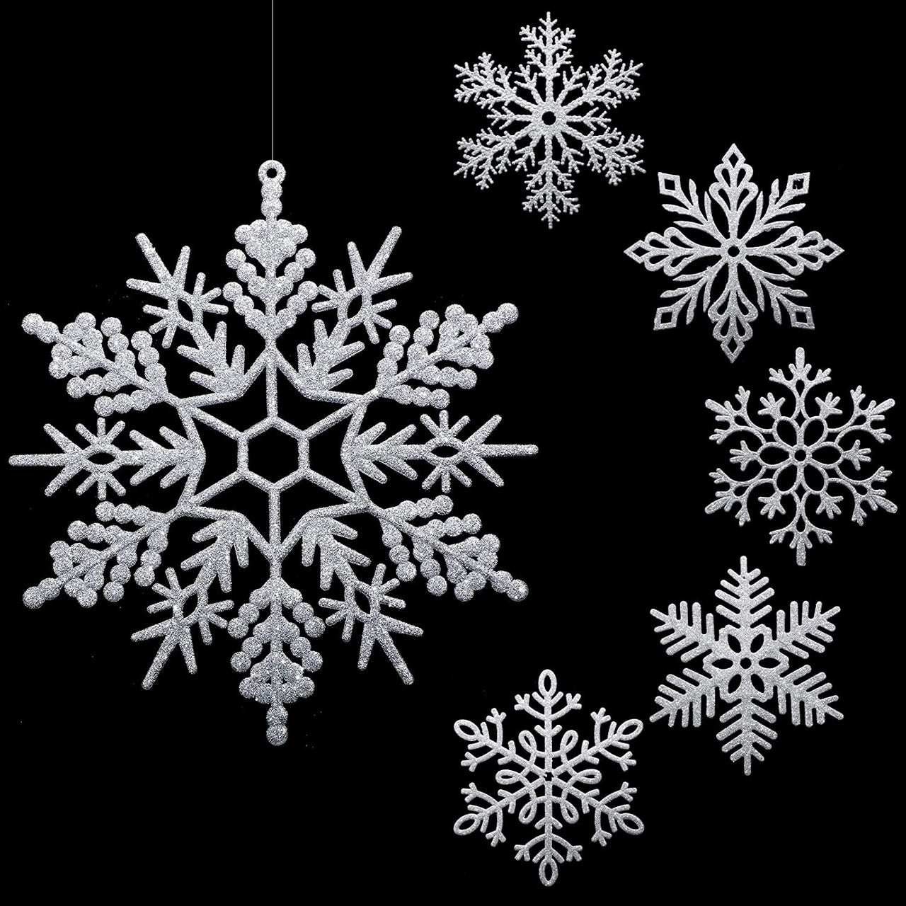 12 Pack Large Snowflakes Ornaments 12” Giant Glitter Decorative Hanging Snowflakes Plastic Oversized Christmas Snowflake Decorations with 164 Ft Nylon Thread for Indoor Outdoor Decor
