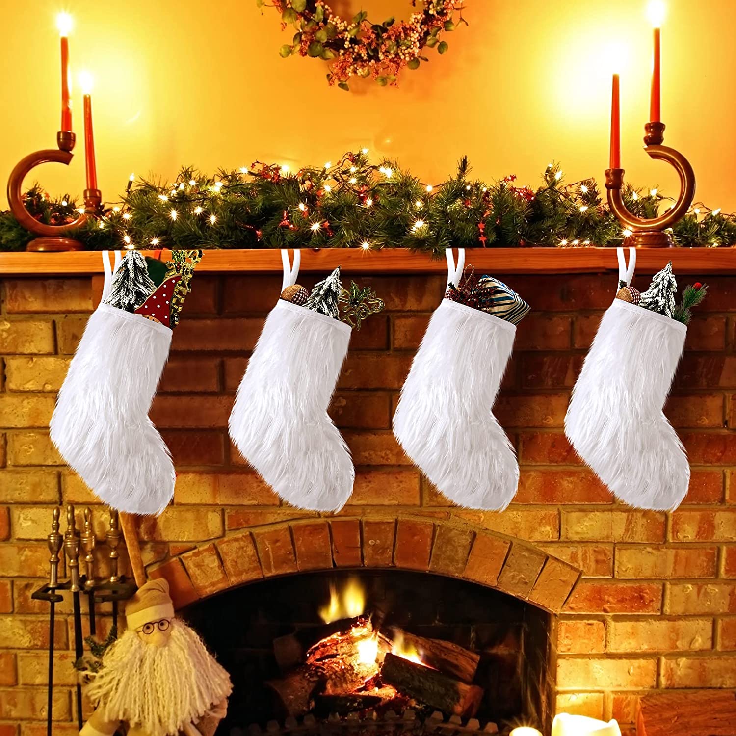 12 Pcs 10 Inch Snowy White Christmas Stockings Faux Fur Christmas Stockings Furry Christmas Stocking Hanging Ornaments Candy Gift Bags Fireplace Hanging Stocking for Decorations Xmas Tree
