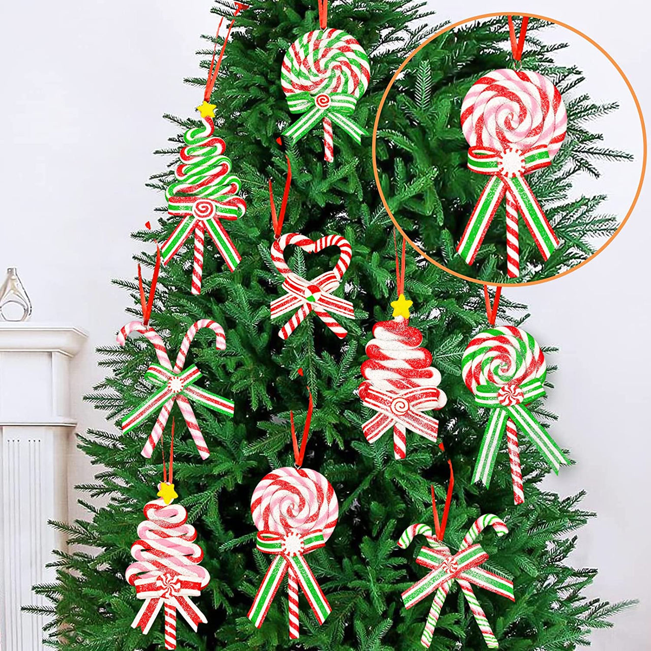 10Pcs Christmas Candy Lollipop Ornaments for Christmas Tree Decorations- Glitter Hanging Candy Cane Ornaments Polymer Clay Christmas Peppermint Decor with Ribbon for Xmas Tree Holiday Party Home Decor