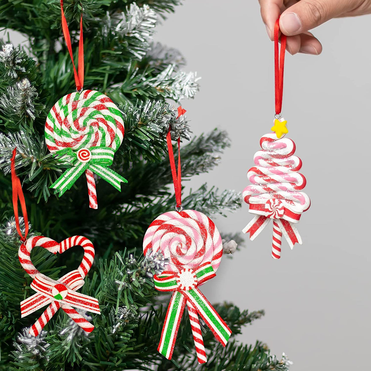 10Pcs Christmas Candy Lollipop Ornaments for Christmas Tree Decorations- Glitter Hanging Candy Cane Ornaments Polymer Clay Christmas Peppermint Decor with Ribbon for Xmas Tree Holiday Party Home Decor