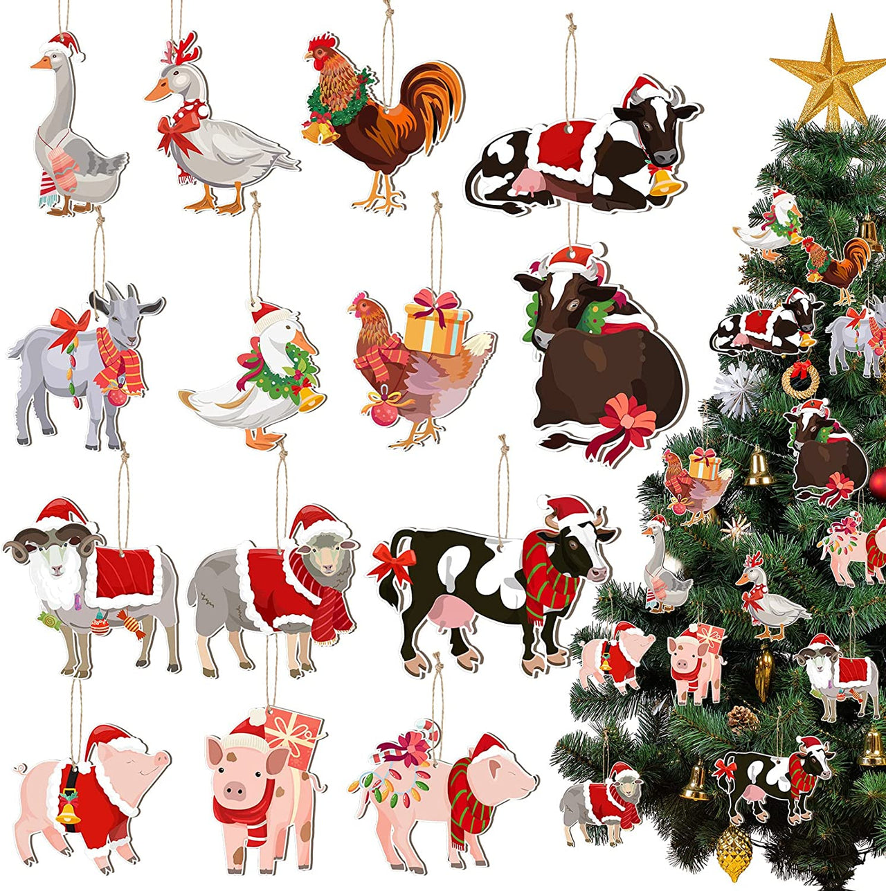 14 Pieces Christmas Farm Animals Ornament 4.7 Inch Wood Pig Chicken Sheep Duck Christmas Ornaments Country Farmhouse Holiday Decor for Christmas Tree Decoration Crafts