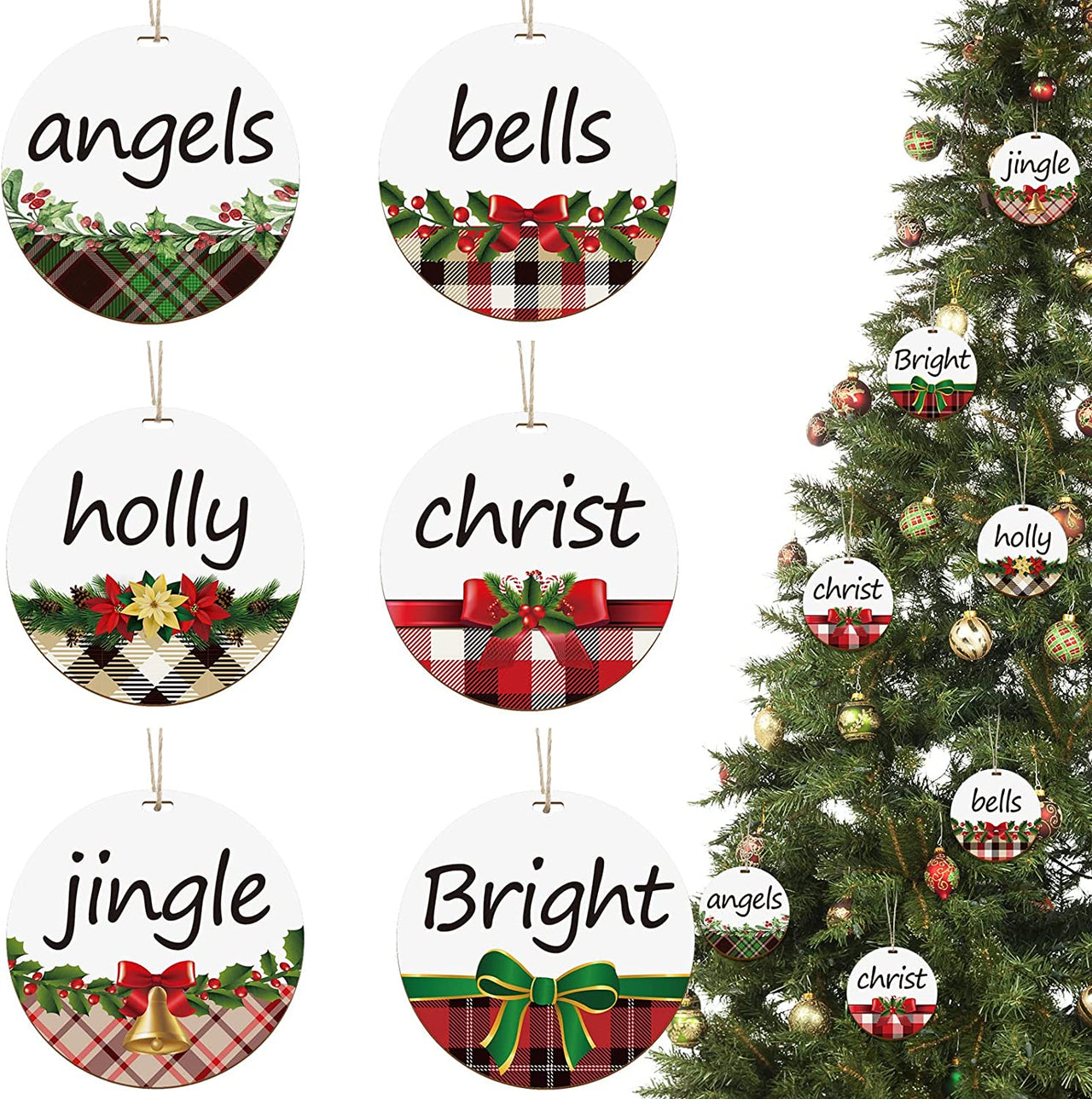 36 Pieces Christmas Wishes Tree Ornament Buffalo Plaid Printed Wooden Hanging Christmas Ornament with Rope Round Farmhouse Christmas Decor Rustic Wood Craft Gift