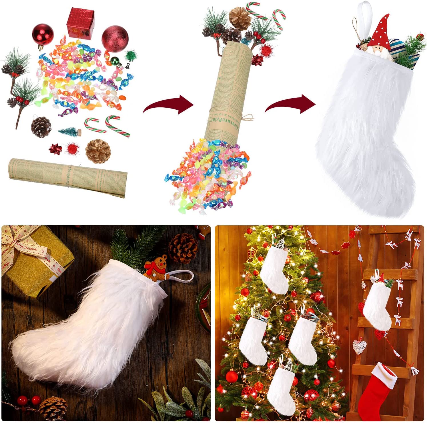 12 Pcs 10 Inch Snowy White Christmas Stockings Faux Fur Christmas Stockings Furry Christmas Stocking Hanging Ornaments Candy Gift Bags Fireplace Hanging Stocking for Decorations Xmas Tree