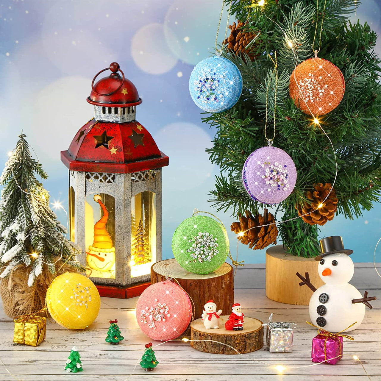 12 Pcs Christmas Tree Ornament Set 3D Glittered Macaron Ornament Colorful Candy Christmas Ornaments Pastel Macaron Decorative Hanging Ornaments with Ropes for Christmas Holiday Candy Party Decorations