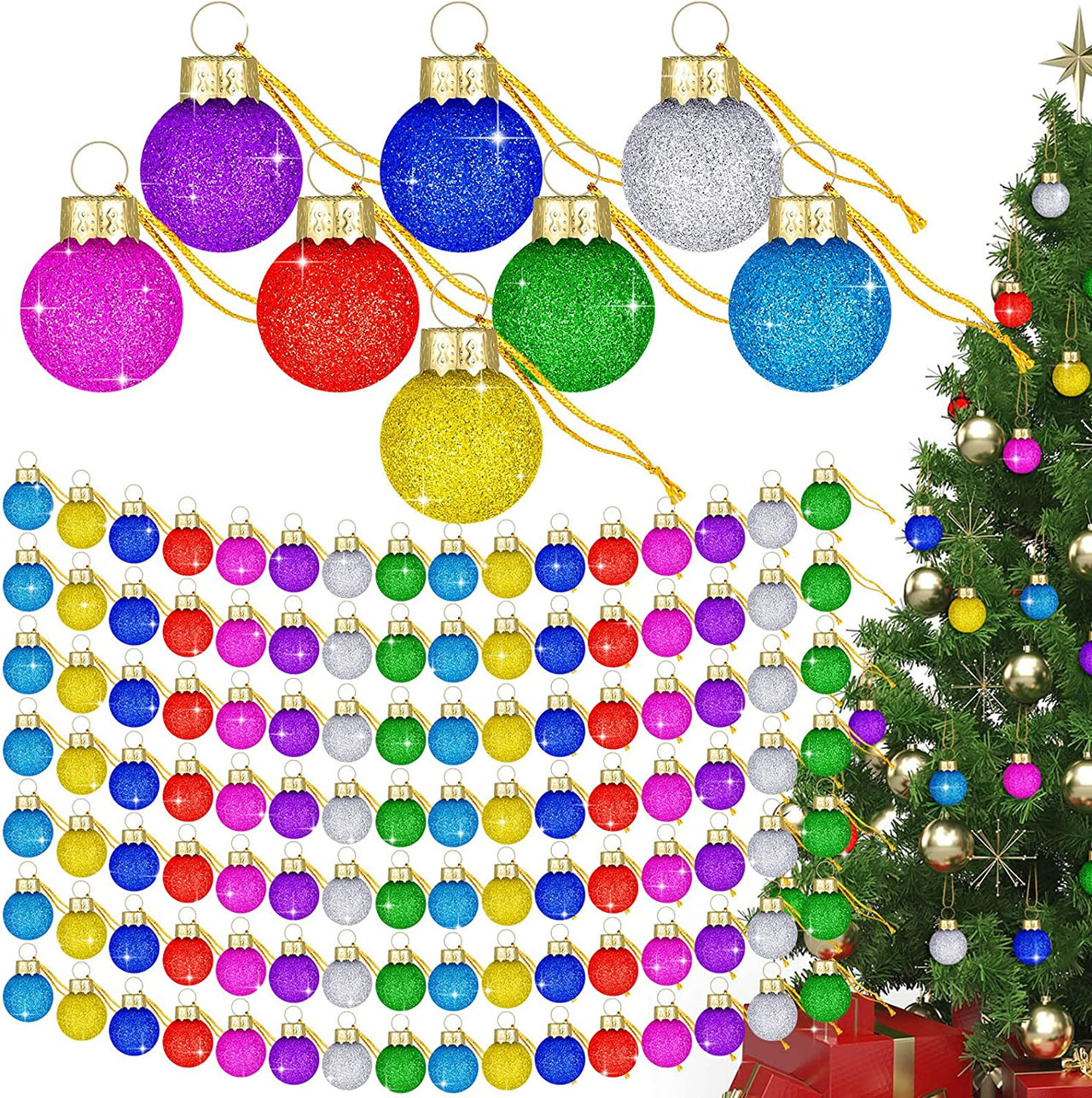 1 Inch Christmas Mini Glitter Glass Ball Multicolor Ornaments Set Christmas Tree Decorations Miniature Balls Rustic Hanging Small Decorative Christmas Ball for Holiday Wedding Party Decor