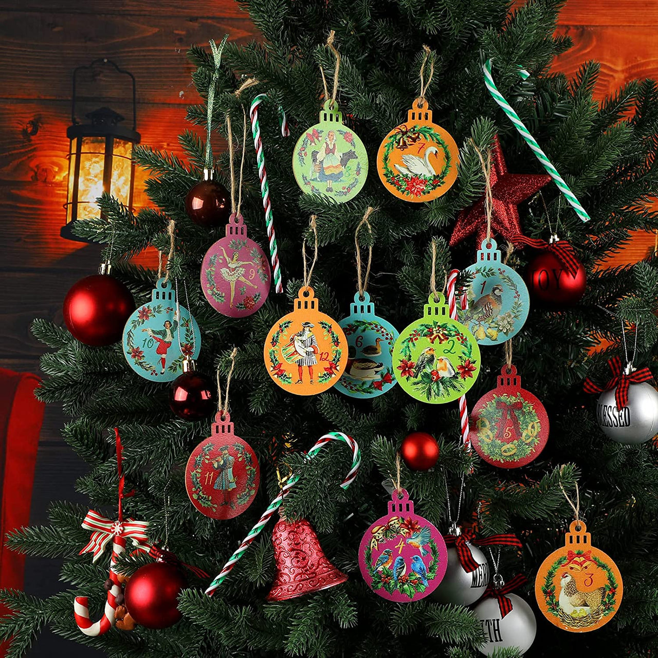 12 Pieces 12 Days of Christmas Ornaments Wooden Christmas Ornament Hanging Christmas Tree Decorations 3.15 Inches Rustic Vintage Cute Xmas Ornaments for Party Supplies Wall Decor Indoor Outdoor