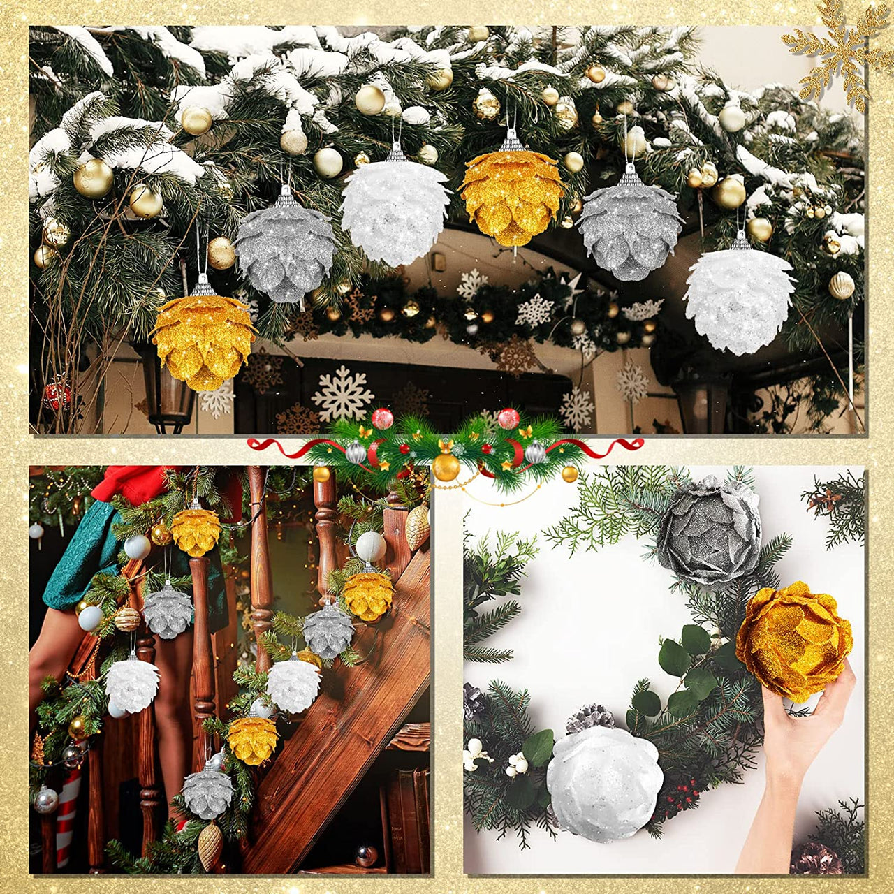 12 Pieces Artificial Flowers Christmas Ornaments Glitter Christmas Ball Ornaments White Pinecone Ornament Flower Hanging Ornaments Glitter Flowers Ornaments for Christmas Tree Wreath Decoration