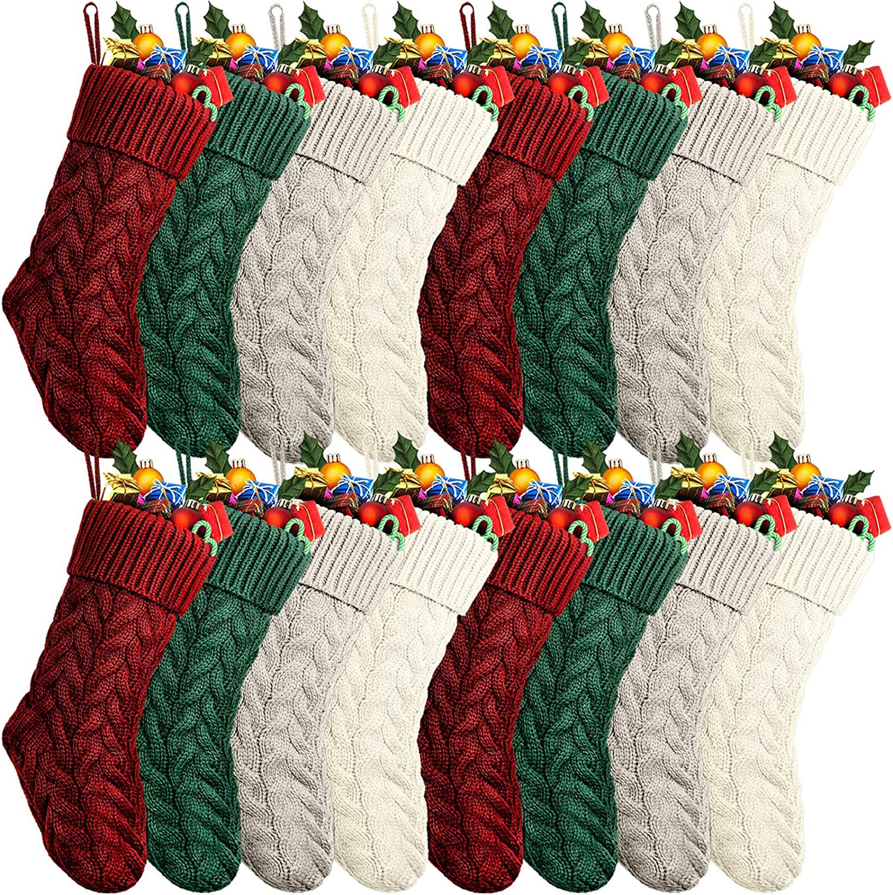 16 Pack Christmas Stockings Bulk 18 Inches Large Rustic Cable Knitted Christmas Stocking Fireplace Hanging Stockings Gifts for Family Holiday Xmas Party Decorations, Beige, Green, Gray, Burgundy