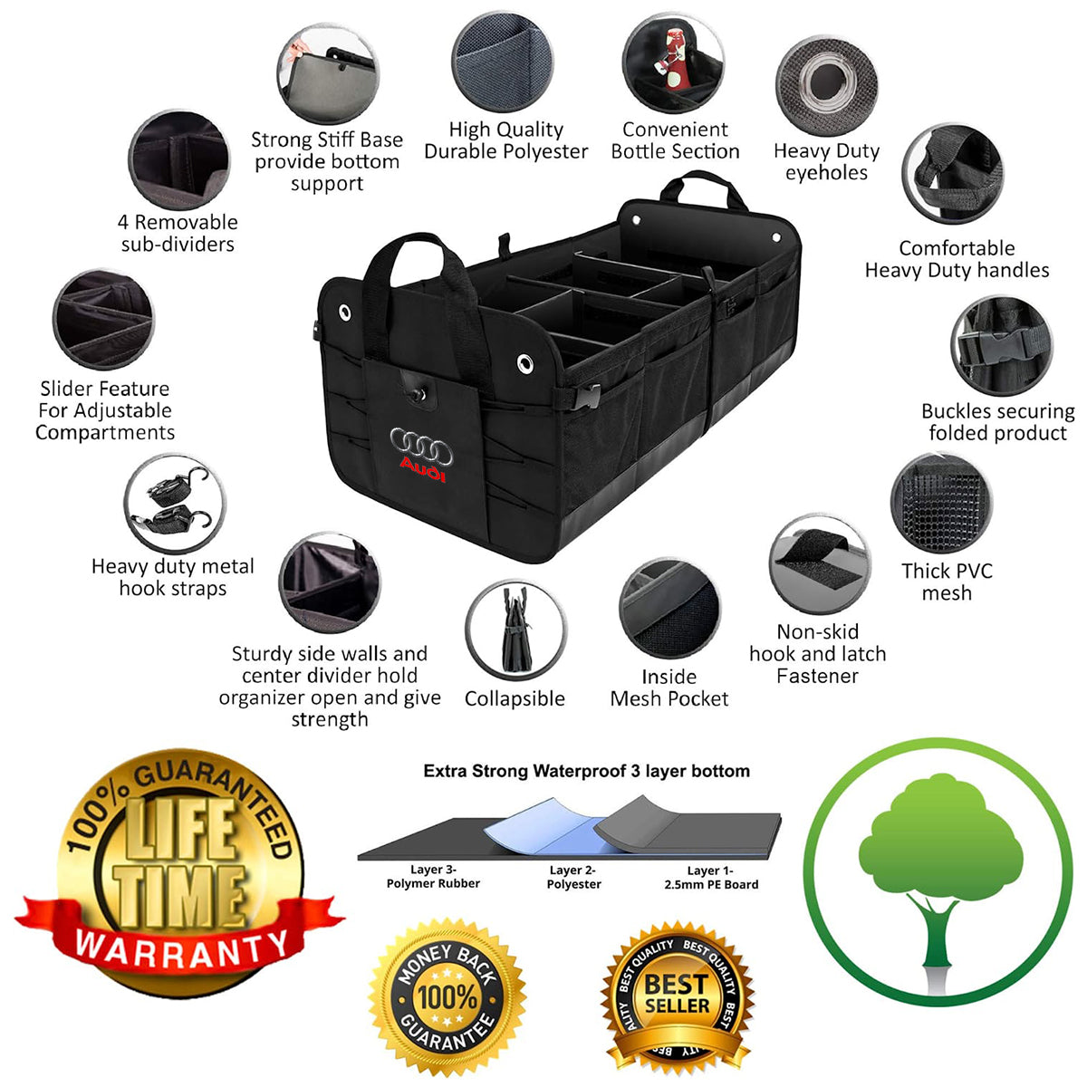 Trunk Organizer, Custom fit for Sedan SUVs, Premium Multi Compartments Collapsible Cargo Storage & Accessories