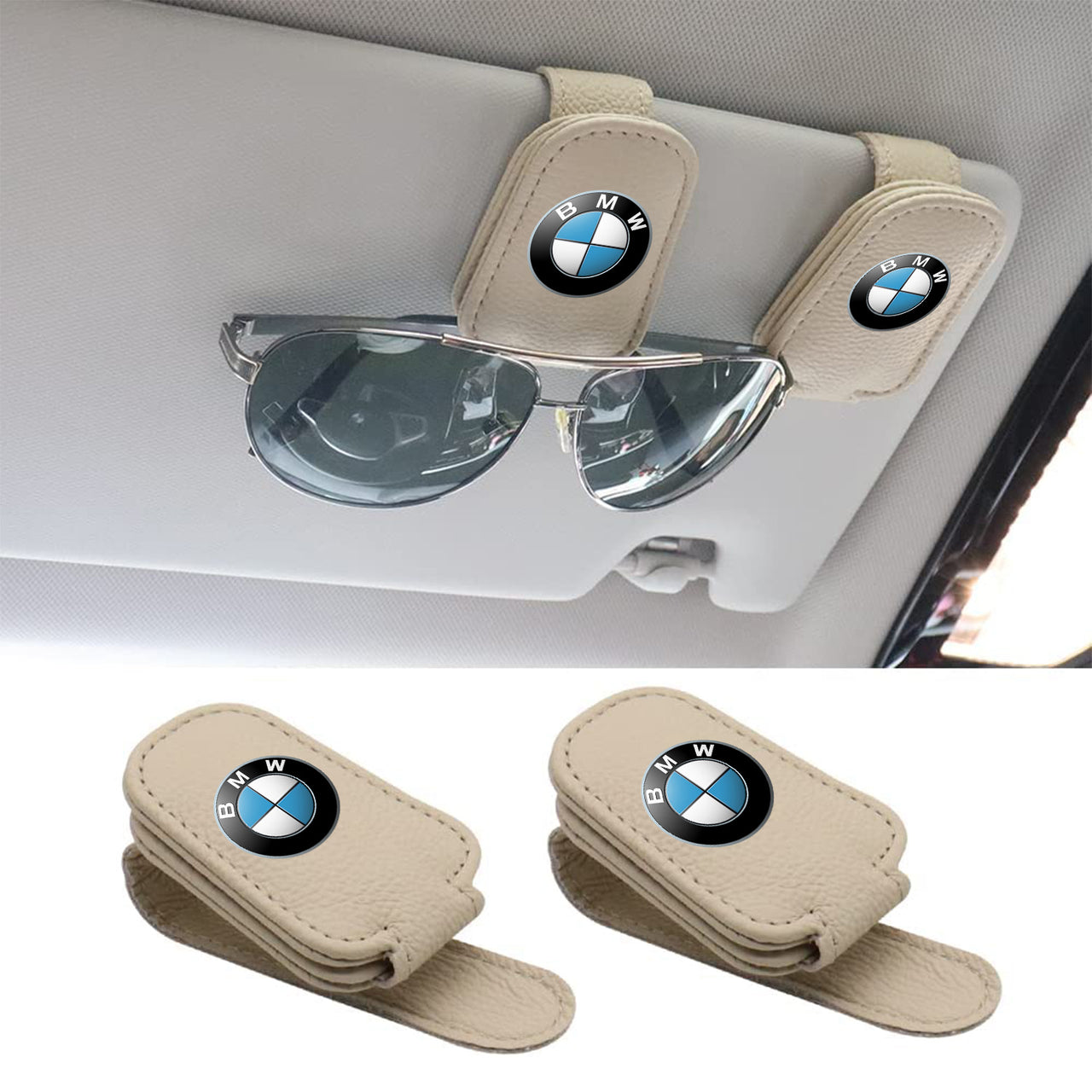 2 Pack Sunglass Holder, Custom fit for Car, Magnetic Leather Glasses Eyeglass Hanger Clip for Car, Sunglasses Holder and Ticket Card Clip for Car