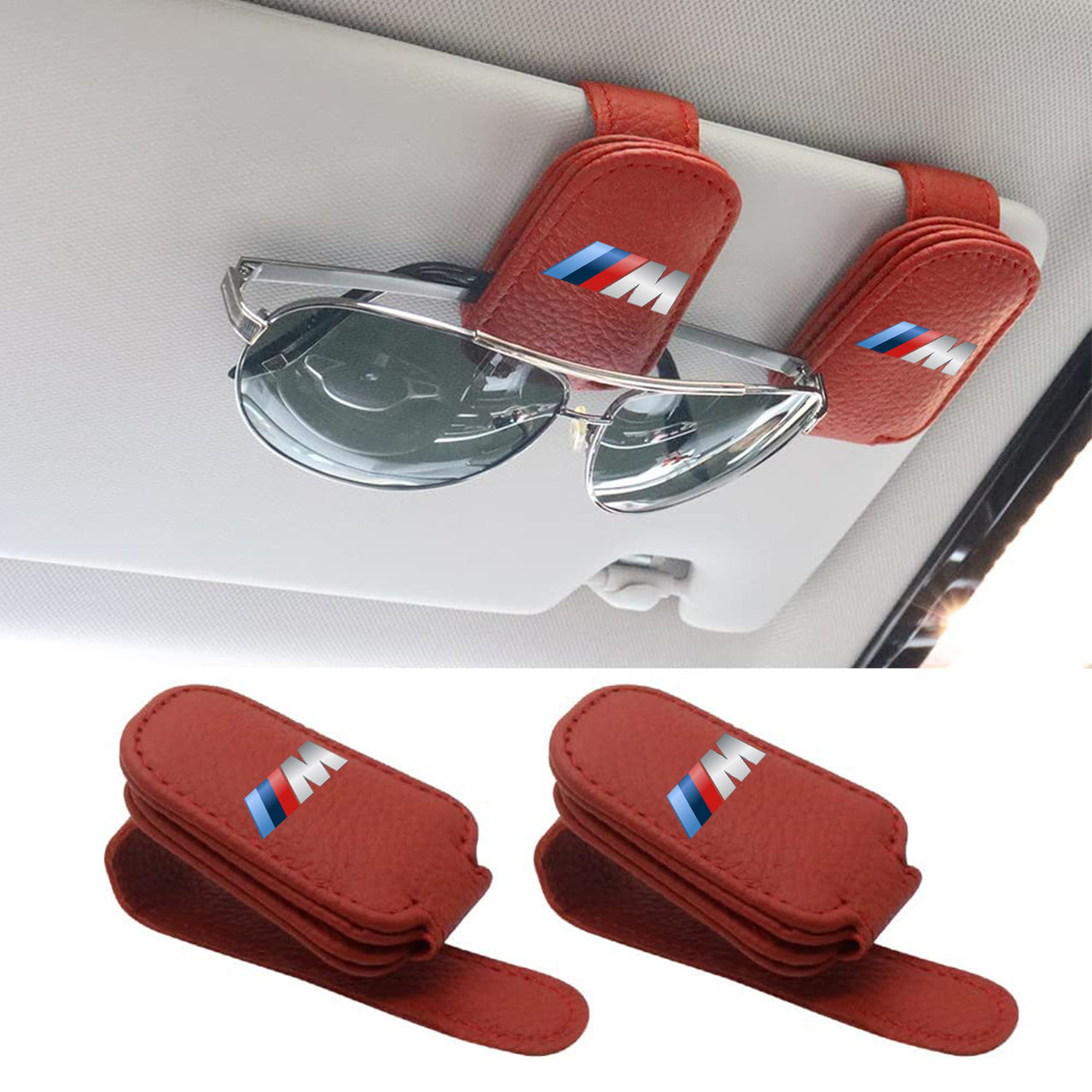 2 Pack Sunglass Holder, Custom fit for Car, Magnetic Leather Glasses Eyeglass Hanger Clip for Car, Sunglasses Holder and Ticket Card Clip for Car