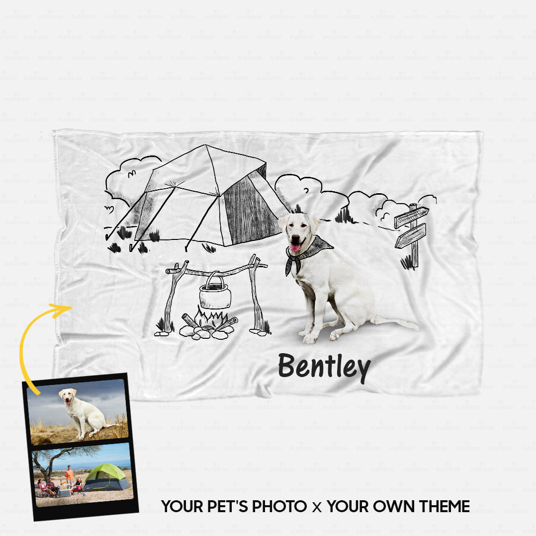 Personalized Blanket Gift Line Art For Dog Lover - Camping Sketching- Fleece Blanket