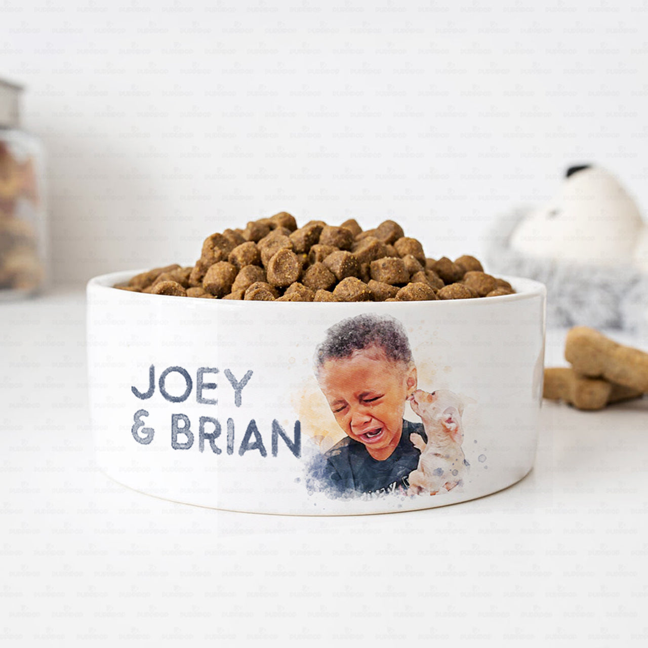Personalized Dog Gift Idea - Watercolor Portrait You And Puppy For Puppy Lovers - Pet Bowl