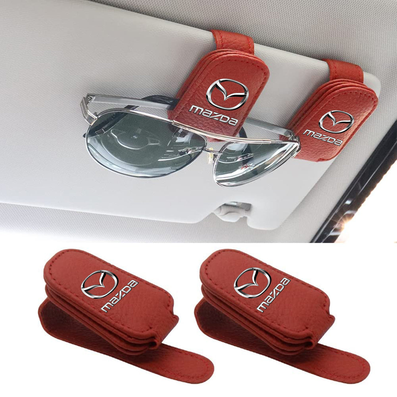 2 Pack Sunglass Holder, Magnetic Leather Glasses Eyeglass Hanger Clip for Car, Sunglasses Holder and Ticket Card Clip for Car