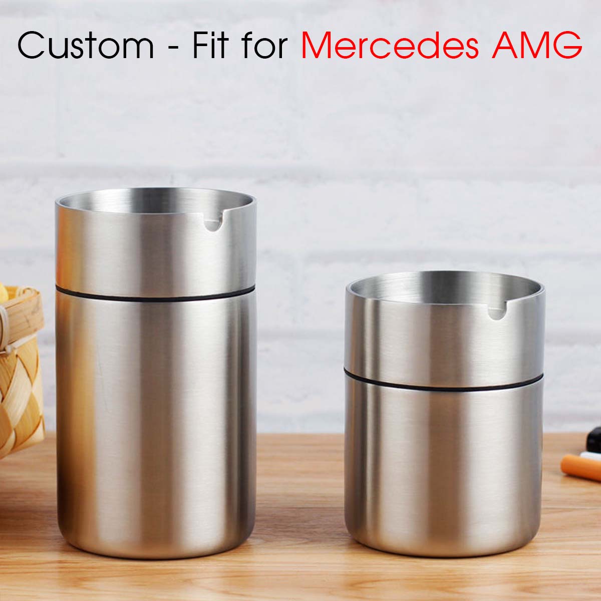 2 Pieces Car Ashtray with Lid Portable Ashtray, Custom fit for Mercedes AMG, Car Mini Car Trash Can Stainless Steel Portable Detachable Windproof Self Extinguishing Butt Bucket for Outdoor Travel Home Office