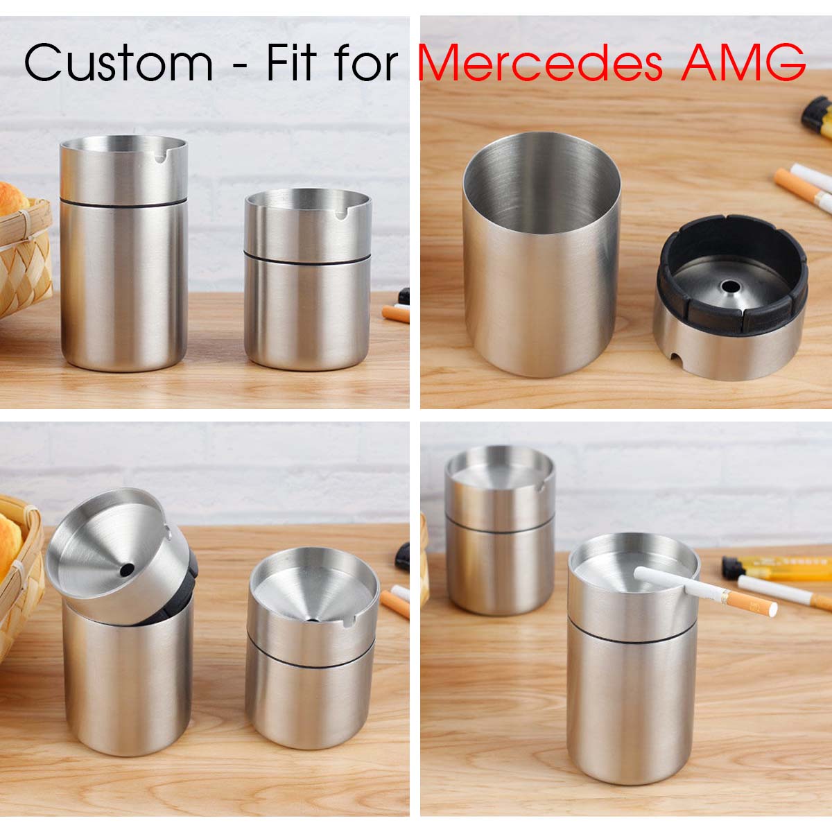 2 Pieces Car Ashtray with Lid Portable Ashtray, Custom fit for Mercedes AMG, Car Mini Car Trash Can Stainless Steel Portable Detachable Windproof Self Extinguishing Butt Bucket for Outdoor Travel Home Office