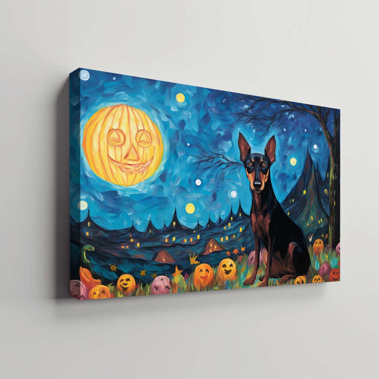Doberman Pinschers Dog 03 Halloween With Pumpkin Oil Painting Van Goh Style, Wooden Canvas Prints Wall Art Painting , Canvas 3d Art