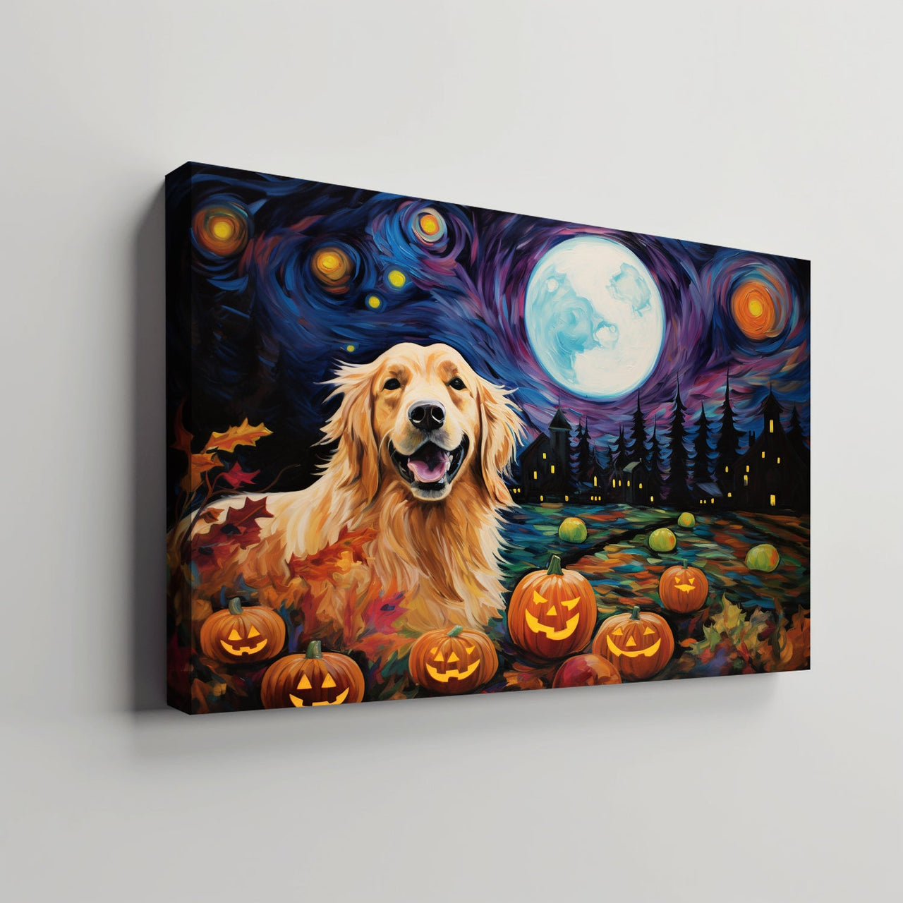 Golden Retrievers Dog 01 Halloween With Pumpkin Oil Painting Van Goh Style, Wooden Canvas Prints Wall Art Painting , Canvas 3d Art